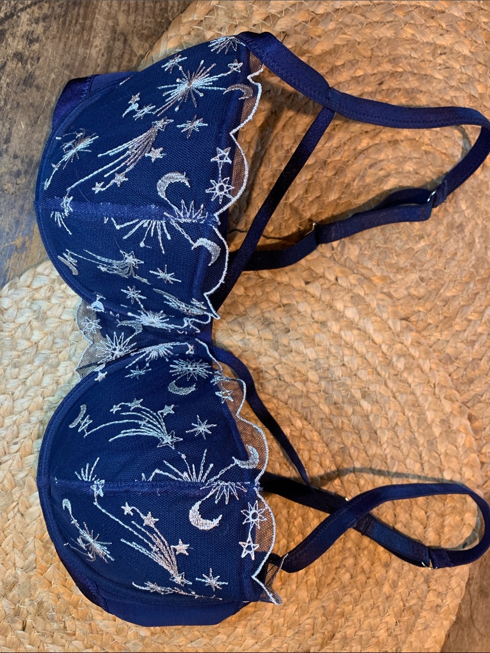 NWOT Adore Me Estelle Navy Bra with Silver Celestial Embroidery